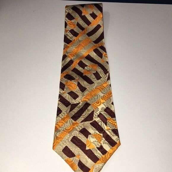 Vintage Gallieni Silk Neck Tie Made In Italy Tan/Gold/Brown Geometric Print - Picture 12 of 13